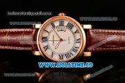 Cartier Rotonde De Miyota Quartz Rose Gold Case with White Dial Roman Numeral Markers and Brown Leather Strap