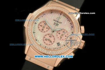 Hublot MDM Chronograph Swiss Quartz Movement Rose Gold Case with Diamond Bezel and Black Rubber Strap