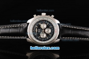 Breitling for Bentley Automatic Movement Steel Case with Black Dial and Silver Stick Markers-Black Leather Strap