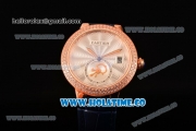 Cartier Rotonde De Swiss Quartz Rose Gold Case with White Guilloche Dial Diamonds Bezel and Blue Leather Strap