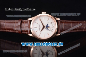 Patek Philippe Complications Miyota 9015 Automatic Rose Gold Case with White Dial Stick Markers and Brown Leather Strap