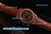 Rolex Daytona Chronograph Miyota Quartz Movement Double Row Diamond Bezel with Brown Dial and Roman Numerals- Brown Leather Strap