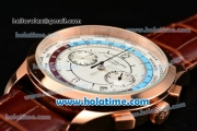 Patek Philippe Complicated World Time Chrono Miyota Quartz Rose Gold Case with Brown Leather Strap and White Dial