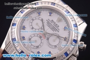 Rolex Daytona Chronograph Swiss Valjoux 7750 Automatic Steel Case with Diamond Bezel and White Dial-Blue Leather Strap