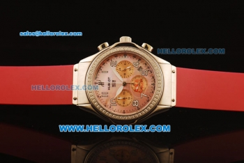 Hublot MDM Chronograph Swiss ETA Quartz Steel Case with Diamond Bezel and Pink MOP Dial-Red Rubber Strap