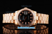 Rolex Day-Date Swiss ETA 2836 Automatic Movement Full Rose Gold Case/Strap with Black Dial and Diamond Bezel/Hour Marker