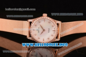 Omega De Ville Prestige Miyota Quartz Rose Gold Case/Bracelet with White MOP Dial Diamonds Bezel and Diamonds Markers