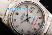 Rolex Datejust Oyster Perpetual Automatic Movement White Dial with Diamond Hour Markers/Bezel and White Leather Strap