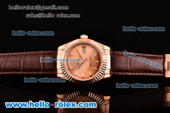 Rolex Day-Date Asia 2813 Automatic Rose Gold Case with Brown Leather Strap Stick Markers and Pink Dial