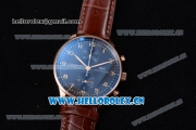 IWC Portugieser Chronograph Swiss Valjoux 7750 Automatic Rose Gold Case with Black Dial Arabic Number Markers and Brown Leather Strap