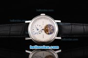 Breguet Jubilee Regulatuer Salmon Flying Tourbillon Manual Wind Movement Silver Case with White Dial and Black Leather Strap