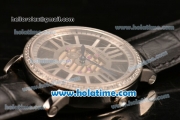 Cartier Rotonde De Swiss Quartz Steel Case with Diamonds Bezel Skeleton Dial and Black Leather Strap