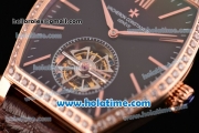 Vacheron Constantin Malte Tourbillon Swiss Tourbillon Manual Winding Rose Gold Case with Brown Alligator Strap Black Dial and Diamond Bezel