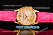 Vacheron Constantin Metiers d'Art Swiss ETA 2824 Automatic Yellow Gold Case with White MOP Dial Rose Red Leather Strap and Diamonds Markers