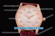 Omega De Ville Prestige Miyota Quartz Rose Gold Case with White MOP Dial Diamonds Bezel and Wine Leather Strap