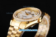 Rolex Day Date II Automatic Movement Full Gold with Diamond Bezel-White MOP Dial and Diamond Markers