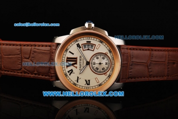 Cartier Calibre Automatic Movement Steel Case with Rose Gold Bezel and Brown Leather Strap