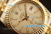 Rolex Datejust II Swiss ETA 2836 Automatic Full Steel with Yellow Gold Bezel and White Dial-Stick Markers