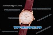 Omega De Ville Prestige Miyota Quartz Rose Gold Case with White MOP Dial Diamonds Bezel and Wine Leather Strap