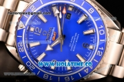 Omega Seamaster Planet Ocean 600M Co-axial GMT Clone Omega 8605 Automatic Full Steel with Blue Dial and and Stick/Arabic Numeral Markers (EF)