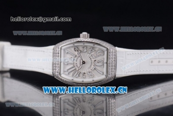 Franck Muller Black Croco Ronda 762 Quartz Steel Case with White Dial Arabic Numeral Markers and White Leather Strap Diamonds Bezel