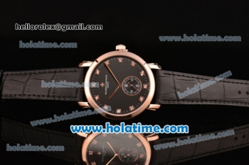 Vacheron Constantin Malte Miyota Quartz Rose Gold Case with Black Leather Bracelet Diamond Markers and Black Dial