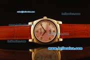 Rolex Cellini Swiss Quartz Yellow Gold Case with Pink MOP Dial and Brown Leather Strap-Numeral Markers