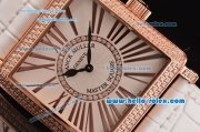 Franck Muller Master Square Swiss Quartz Rose Gold Case Diamond Bezel with White Leather Strap and White Dial