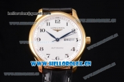Longines Master Day Date Swiss ETA 2824 Automatic Yellow Gold Case with White Dial Black Leather Strap and Arabic Numeral Markers