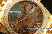 Rolex Datejust Asia 2813 Automatic Full Gold with Diamond Bezel and Green MOP Dial-Silver Roman Markers