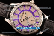Jaeger-LeCoultre Lady Miyota Quartz Steel Case with White MOP Dial Purple Stick Markers and Black Leather Strap - Diamonds Bezel