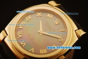 Rolex Cellini Swiss Quartz Yellow Gold Case with Grey MOP Dial and Black Leather Strap-Roman Markers
