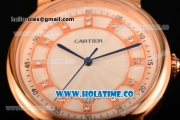 Cartier Rotonde De Miyota Quartz Rose Gold Case with Diamonds Markers White Dial and Black Leather Strap