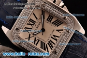 Cartier Santos 100 Medium Japanese Miyota OS2035 Quartz Steel Case with Blue Leather Strap Diamond Bezel and White Dial