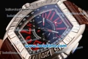 Franck Muller Conquistador Grand Prix Miyota OS20 Quartz Steel Case with Black Dial Red Markers and Brown Leather Bracelet