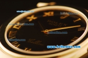 Rolex Cellini Swiss Quartz Yellow Gold Case with Black Dial and Black Leather Strap-Roman Markers