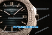 Patek Philippe Nautilus Miyota 9015 Automatic Diamonds/Steel Case with Blue Dial Diamonds Bezel and Green Leather Strap (AAAF)
