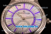Jaeger-LeCoultre Lady Miyota Quartz Steel Case with White MOP Dial Purple Stick Markers and White Leather Strap - Diamonds Bezel