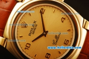 Rolex Cellini Swiss Quartz Yellow Gold Case with Yellow Gold Dial and Brown Leather Strap-Numeral Markers