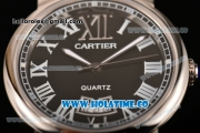 Cartier Rotonde De Miyota Quartz Steel Case with Black Dial Black Leather Strap and Roman Numeral Markers