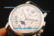 Patek Philippe Moonphase Chronograph Swiss Valjoux 7750 Manual Winding Movement Steel Case with White Dial and Black Leather Strap
