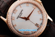 Patek Philippe Calatrava Swiss ETA 2836 Automatic Movement Rose Gold Case with Diamonds Bezel with Rose Gold Roman Numeral Markers and Brown Leather Strap