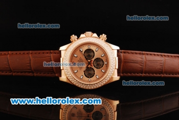 Rolex Daytona Chronograph Miyota Quartz Movement Rose Gold Case with Double Row Diamond Bezel and RG Dial - Brown Leather Strap