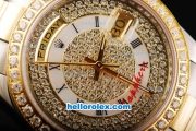 Rolex Day-Date Automatic Movement Diamond Dial with Gold/Diamond Bezel and Black Roman Numeral Marker-Two Tone Strap