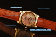 Rolex Cellini Swiss Quartz Yellow Gold Case with Pink MOP Dial and Brown Leather Strap-Diamond Markers