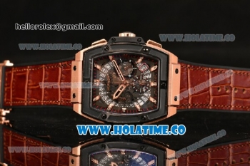 Hublot MP-06 Senna Chrono Miyota OS20 Quartz Rose Gold Case with Skeleton Dial PVD Bezel and Brown Leather Strap