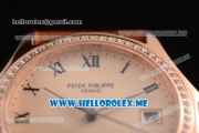 Patek Philippe Calatrava Miyota 9015 Automatic Rose Gold Case with Rose Gold Dial Brown Leather Strap and Roman Numeral Markers Diamonds Bezel