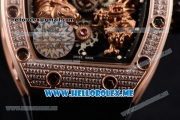 Richard Mille RM 51-01 Tourbillon Tiger and Dragon Asia Manual Winding Rose Gold Case with Seleton Dial and Black Rubber Strap Diamonds Bezel