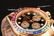 Rolex Daytona Chronograph Miyota OS20 Quartz Gold Case/Strap with Colorful Diamond Bezel and Black Dial