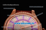 Jaeger-LeCoultre Lady Miyota Quartz Rose Gold Case with White MOP Dial Purple Stick Markers and Brown Leather Strap - Diamonds Bezel